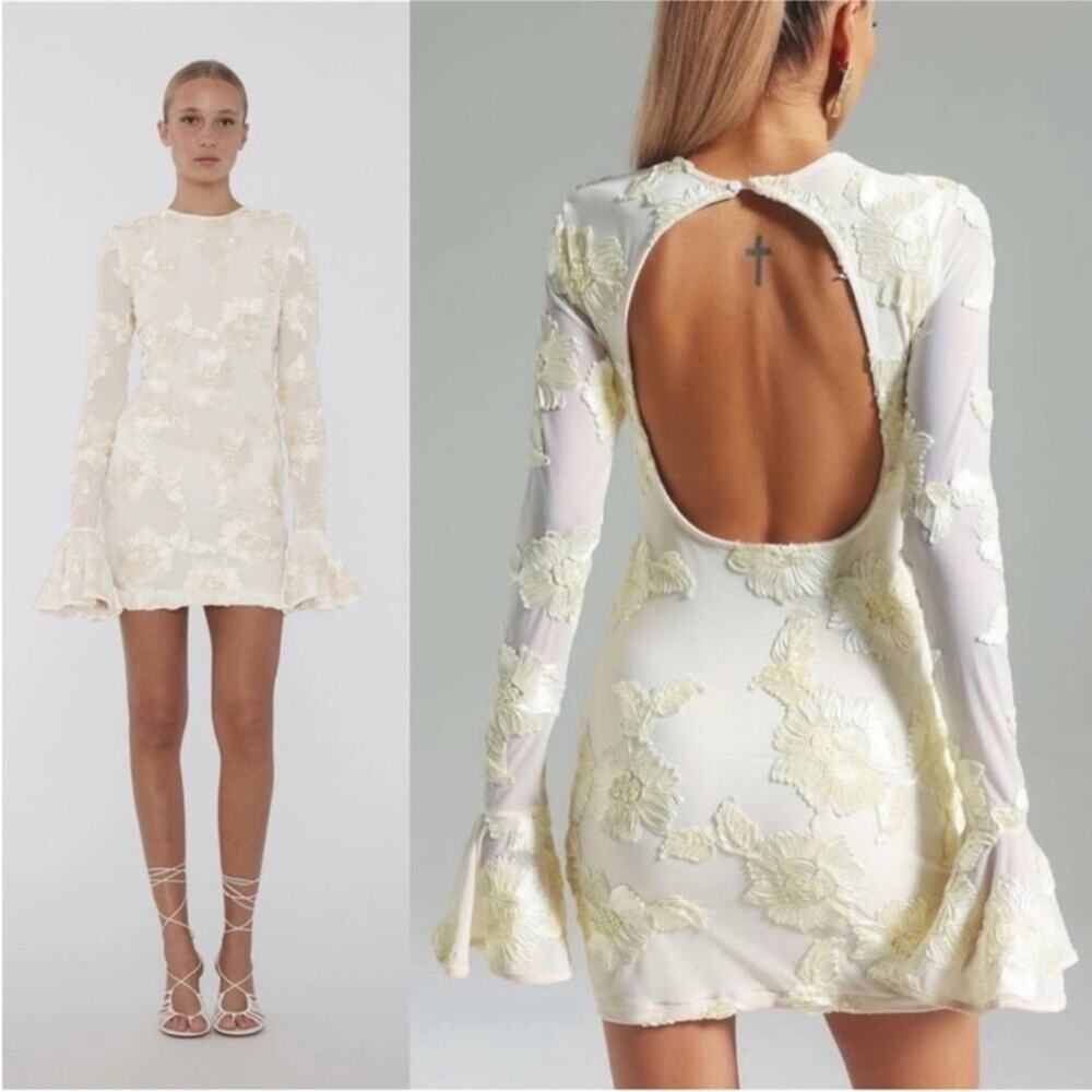 Rotate Birger Christensen Dress Rosita White Mesh Floral Back Cutout Mini US 12 - Picture 2 of 13